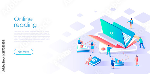Isometric landing page online reading or e-book flat concept. Online education or distance training and learning process for website or homepage. Isometric vector illustration template.