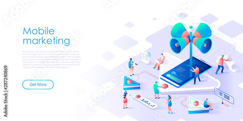 Isometric landing page mobile marketing or advertising flat concept. Internet advertisement and social promotion for website or homepage. Isometric vector illustration template.