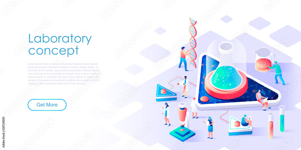 Isometric landing page research laboratory or medicine flat concept. Pharmaceutical or chemical lab for medical research for website or homepage. Isometric vector illustration template.