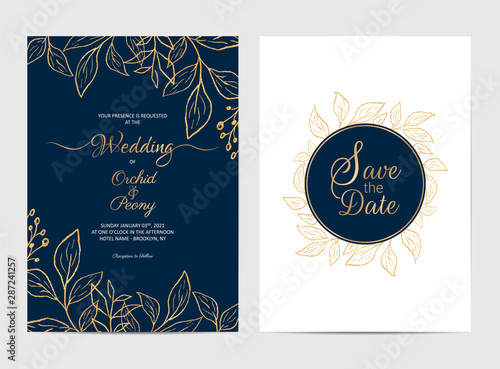 Navy blue wedding invitation cards template with rustic golden leaves. Botanic decorative save the date, greeting, poster multi-purpose use