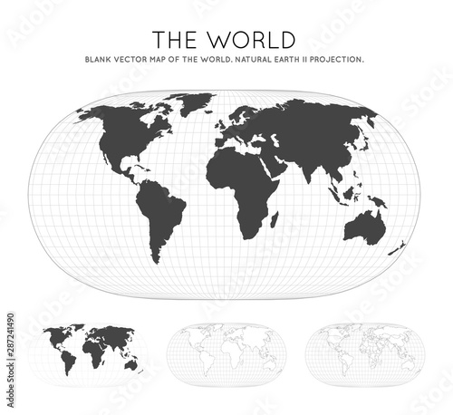 Map of The World. Natural Earth II projection. Globe with latitude and longitude lines. World map on meridians and parallels background. Vector illustration.
