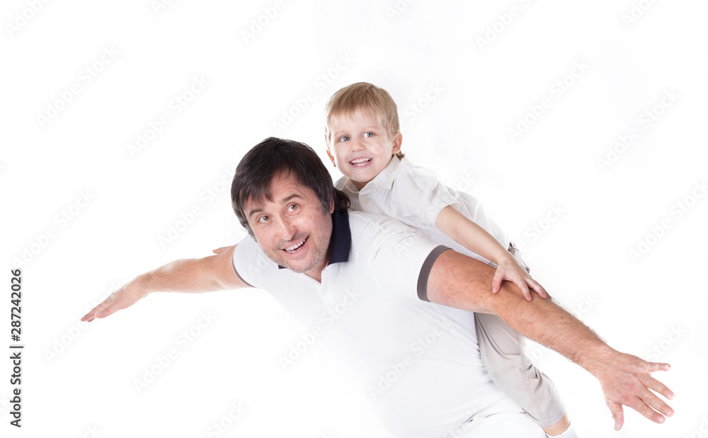 happy father playing with his little son.isolated on white happy father playing with his little son.isolated on white