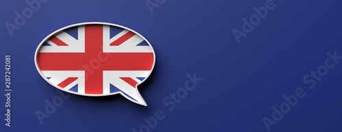 UK flag talk balloon isolated on blue, banner. English lessons concept. 3d illustration