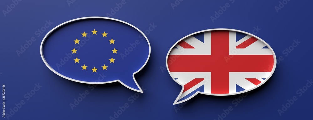 Obraz premium English and EU flag speech bubbles against blue background, banner. 3d illustration