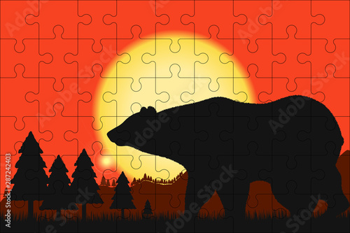 Puzzles template with rectangle grid and silhouette of a bear at sunset. Jigsaw puzzle 9x6 size with 54 pieces with bear and nature illustration. Template for mosaic background. Vector. photo