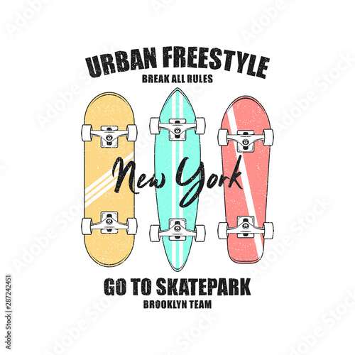 New York skateboarding t shirt with slogan - break all rules. Brooklyn skate board graphics for tee shirt. Skateboard apparel typography. Vector illustration.