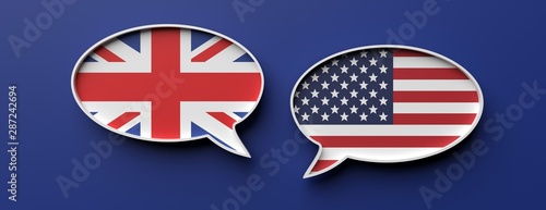 English and american flag speech bubbles against blue background, banner. 3d illustration