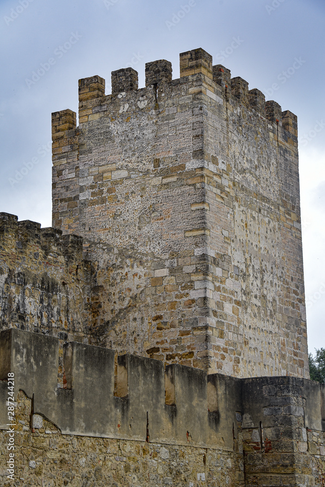 Lisbon, Portugal - July 27, 2019: External wall and towers of the Lisbon Castle (Castelo de Sao Jorge)