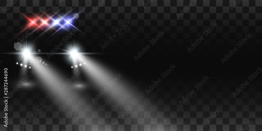 Realistic white glow round beams of car headlights, isolated on transparent background. Police car. Light from headlights. Police patrol.