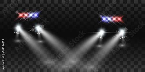 Realistic white glow round beams of car headlights, isolated on transparent background. Police car. Light from headlights. Police patrol.