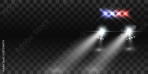 Realistic white glow round beams of car headlights, isolated on transparent background. Police car. Light from headlights. Police patrol.