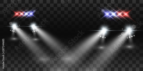 Realistic white glow round beams of car headlights, isolated on transparent background. Police car. Light from headlights. Police patrol.