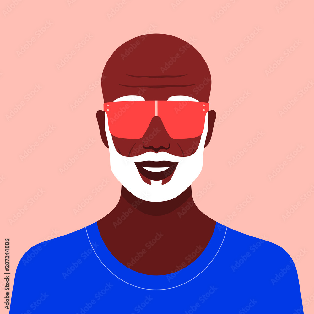 Portrait of an old African man. Stylish grandfather avatar in sunglasses and with a beard. Vector flat illustration Portrait of an old African man. Stylish grandfather avatar in sunglasses and with a beard. Vector flat illustration