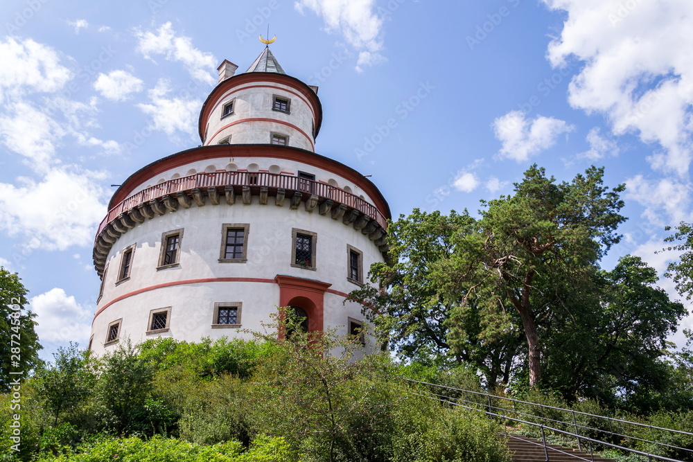 Hunting chateau Humprecht surrounded by a wood park, formerly a game reserve, Sobotka, Czech republic, sunny summer day, clear blue sky background,