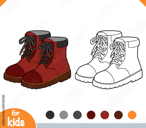 Coloring book, cartoon shoe collection. Brown boots