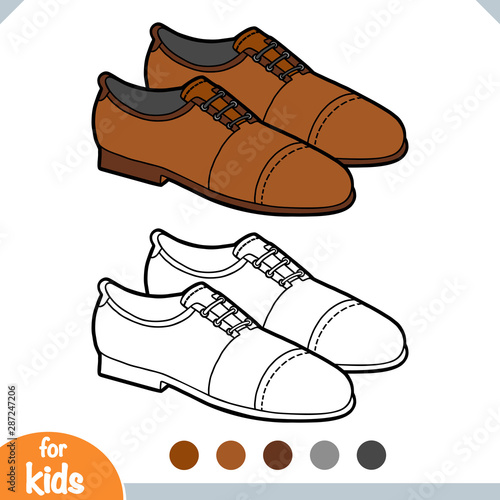 Coloring book, cartoon shoe collection. Lace-up men shoes
