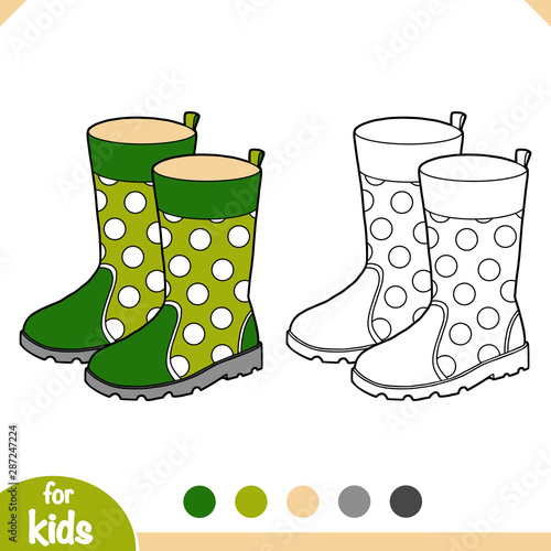 Coloring book, cartoon shoe collection. Rubber boots