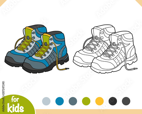 Coloring book, cartoon shoe collection. Hiking boots