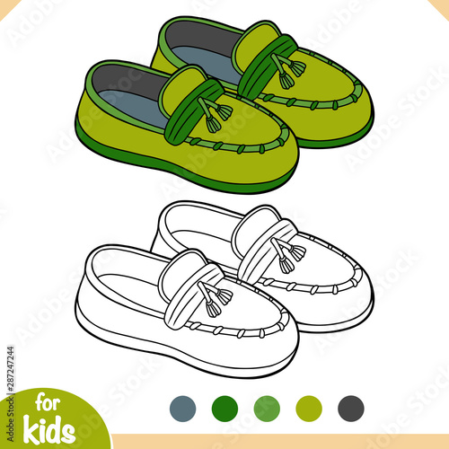 Coloring book, cartoon shoe collection. Moccasins