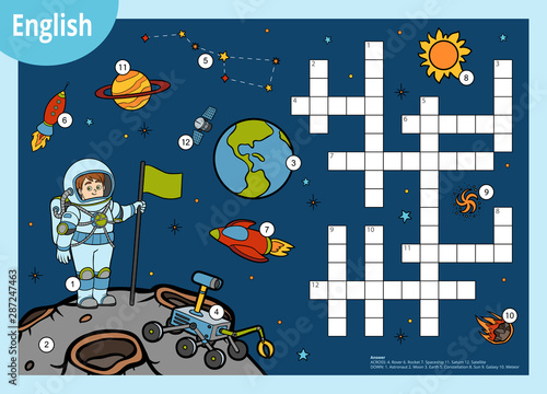 Vector crossword in English, education game for children about space. Cartoon astronaut and cosmic objects