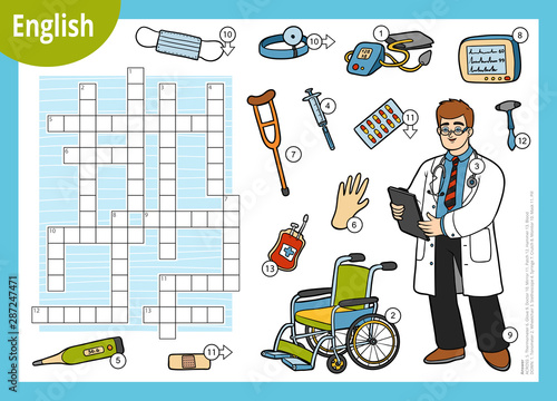Vector crossword in English, education game for children about medicine. Cartoon doctor and medical objects