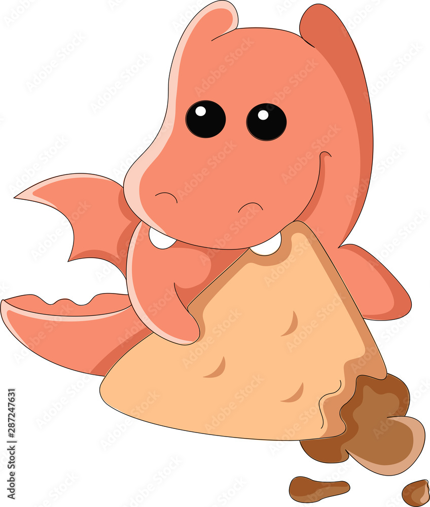 Obraz premium Vector illustration digital dinosaur with a slice of cheese. Cute оrange dinosaur