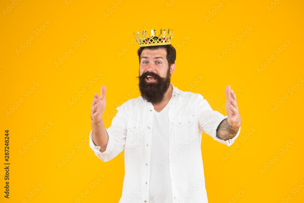 King crown. Egoist selfish man. Bearded man in white clothes. Sense of self importance. Responsibility being king. Handsome bearded guy king. Superiority complex. Narcissistic person. Love yourself