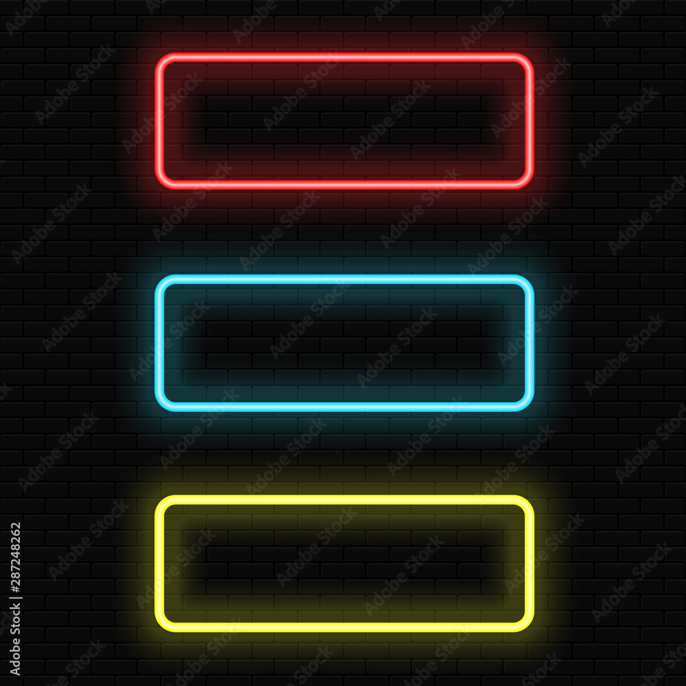 Neon light tube. Set of multicolored neon frames on black background.
