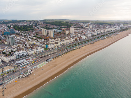 Aerial photo of the Brighton beach and coastal area located in the south coast of England UK that is part of the City of Brighton and Hove, taken on a bright sunny day © Duncan