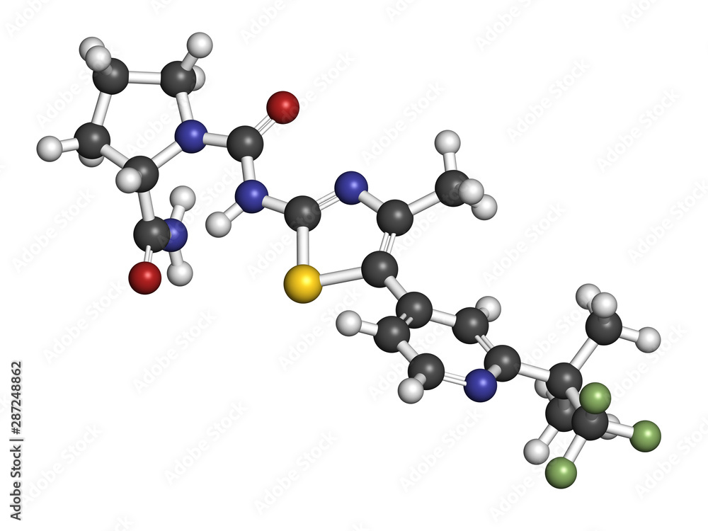 Alpelisib cancer drug molecule (PI3K inhibitor). 3D rendering. Atoms are represented as spheres with conventional color coding: hydrogen (white), carbon (grey), nitrogen (blue), oxygen (red), etc Alpelisib cancer drug molecule (PI3K inhibitor). 3D rendering. Atoms are represented as spheres with conventional color coding: hydrogen (white), carbon (grey), nitrogen (blue), oxygen (red), etc