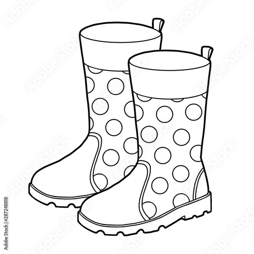 Coloring book, cartoon shoe collection. Rubber boots