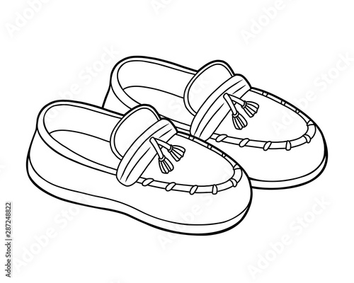 Coloring book, cartoon shoe collection. Moccasins