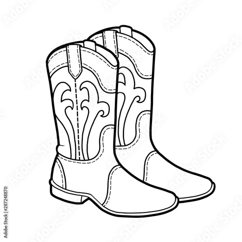 Coloring book, cartoon shoe collection. Western boots