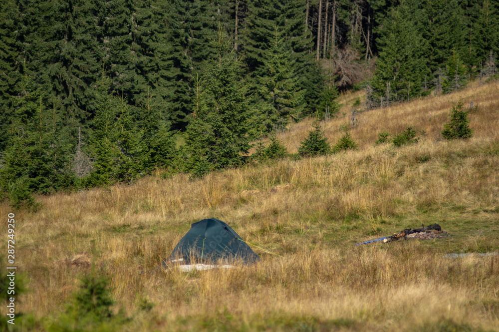 Tent in the meadow in the mountains