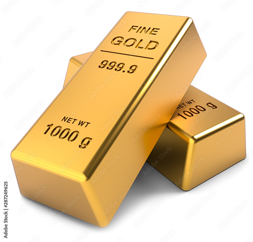 Two Gold bars on a white background. Financial concepts. 3D illustration Two Gold bars on a white background. Financial concepts. 3D illustration