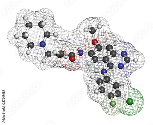 Dacomitinib cancer drug molecule (EGFR inhibitor). 3D rendering. Atoms are represented as spheres with conventional color coding: hydrogen (white), carbon (grey), nitrogen (blue), oxygen (red), etc