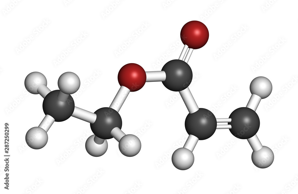 Ethyl acrylate molecule. 3D rendering. Atoms are represented as spheres with conventional color coding: hydrogen (white), carbon (grey), oxygen (red). Ethyl acrylate molecule. 3D rendering. Atoms are represented as spheres with conventional color coding: hydrogen (white), carbon (grey), oxygen (red).