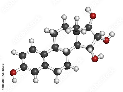 Estetrol natural estrogen hormone molecule. 3D rendering. Atoms are represented as spheres with conventional color coding: hydrogen (white), carbon (grey), oxygen (red).