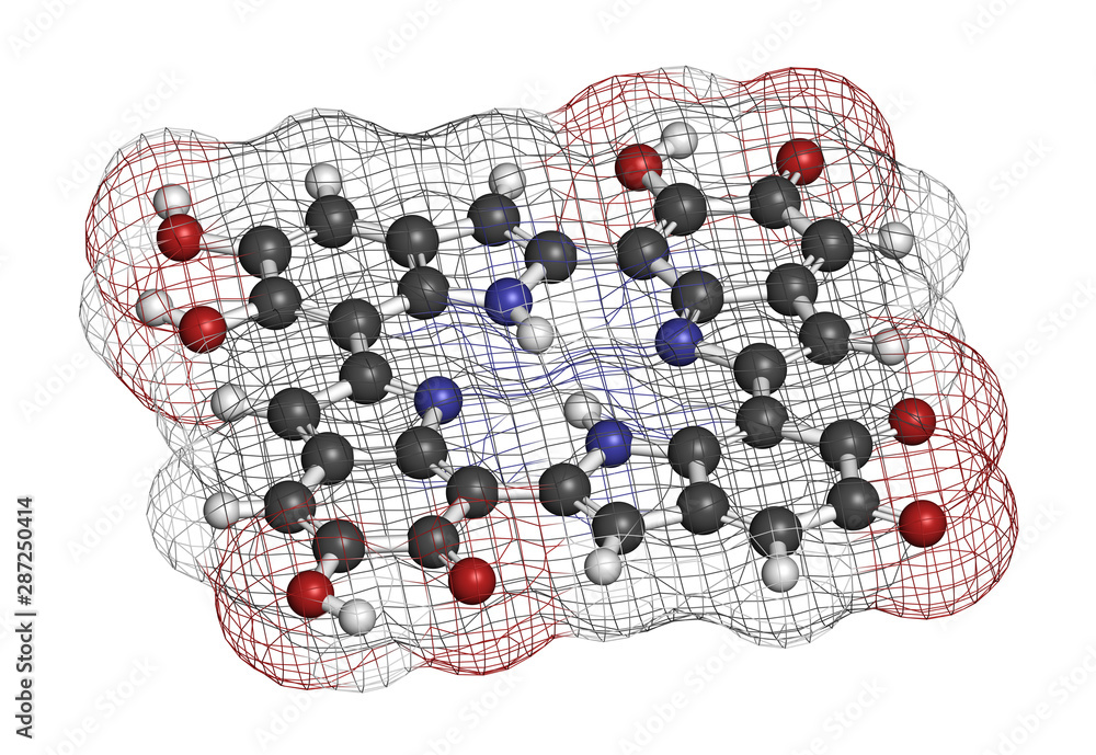 Melanin (eumelanin), proposed oligomeric structure model. Primary determinant of skin color. 3D rendering. Atoms are represented as spheres with conventional color coding.
