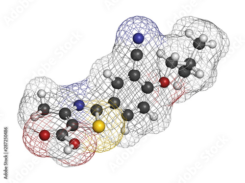 Febuxostat gout drug molecule (xanthine oxidase inhibitor). 3D rendering. Atoms are represented as spheres with conventional color coding: hydrogen (white), carbon (grey), nitrogen (blue), etc photo