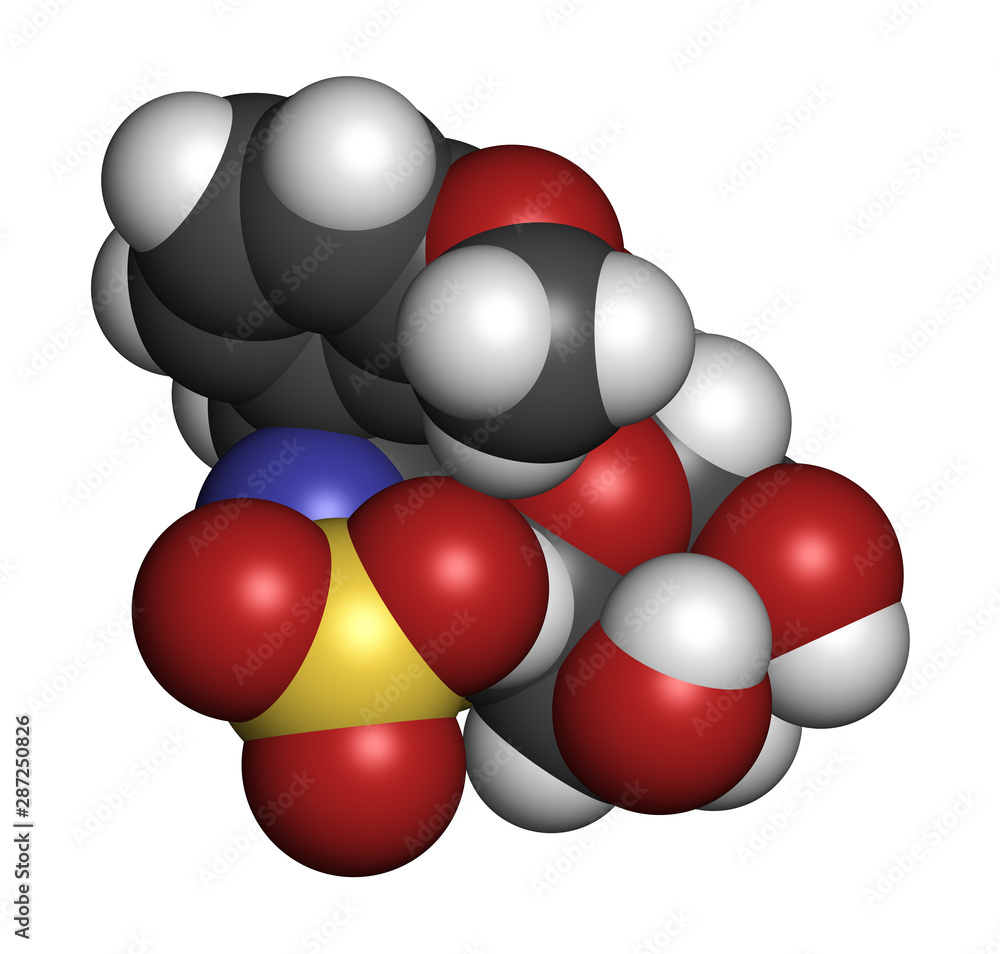 Glucolimnanthin herbal molecule. 3D rendering. Atoms are represented as spheres with conventional color coding: hydrogen (white), carbon (grey), oxygen (red), nitrogen (blue), sulfur (yellow). Glucolimnanthin herbal molecule. 3D rendering. Atoms are represented as spheres with conventional color coding: hydrogen (white), carbon (grey), oxygen (red), nitrogen (blue), sulfur (yellow).