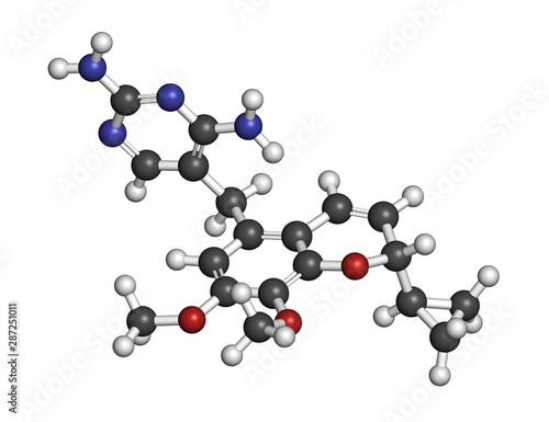 Iclaprim antibiotic drug molecule. 3D rendering. Atoms are represented as spheres with conventional color coding: hydrogen (white), carbon (grey), nitrogen (blue), oxygen (red). photo