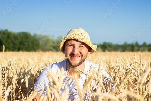Young man in a hat peeks out of wheat  a field of wheat. Happy farmer concept  good harvest