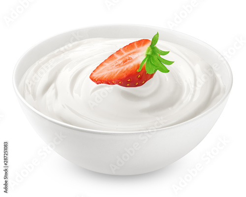 strawberry with sour cream, yogurt, isolated on white background, clipping path, full depth of field