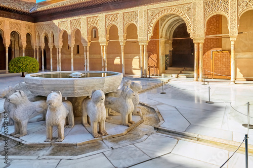 Famous courtyard in the Alhambra with lion fountain. (Granada, Spain)