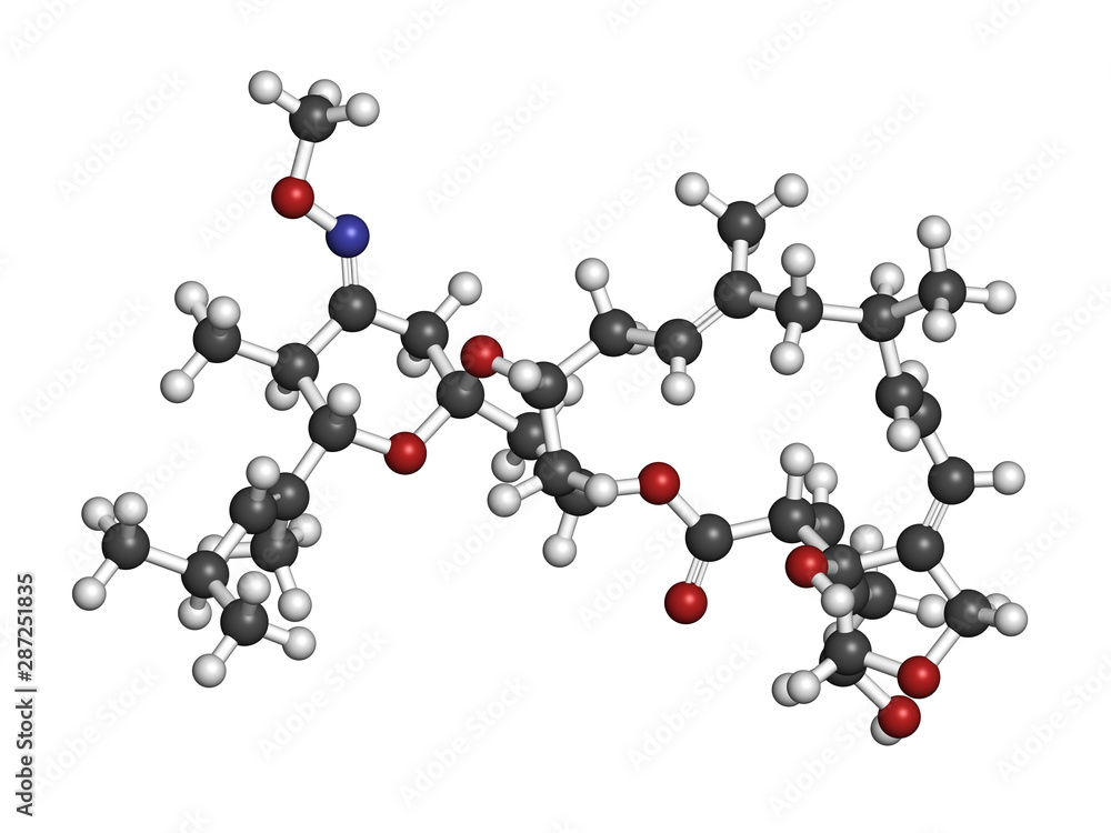 Moxidectin anthelmintic drug molecule. 3D rendering. Atoms are represented as spheres with conventional color coding: hydrogen (white), carbon (grey), nitrogen (blue), oxygen (red). Moxidectin anthelmintic drug molecule. 3D rendering. Atoms are represented as spheres with conventional color coding: hydrogen (white), carbon (grey), nitrogen (blue), oxygen (red).