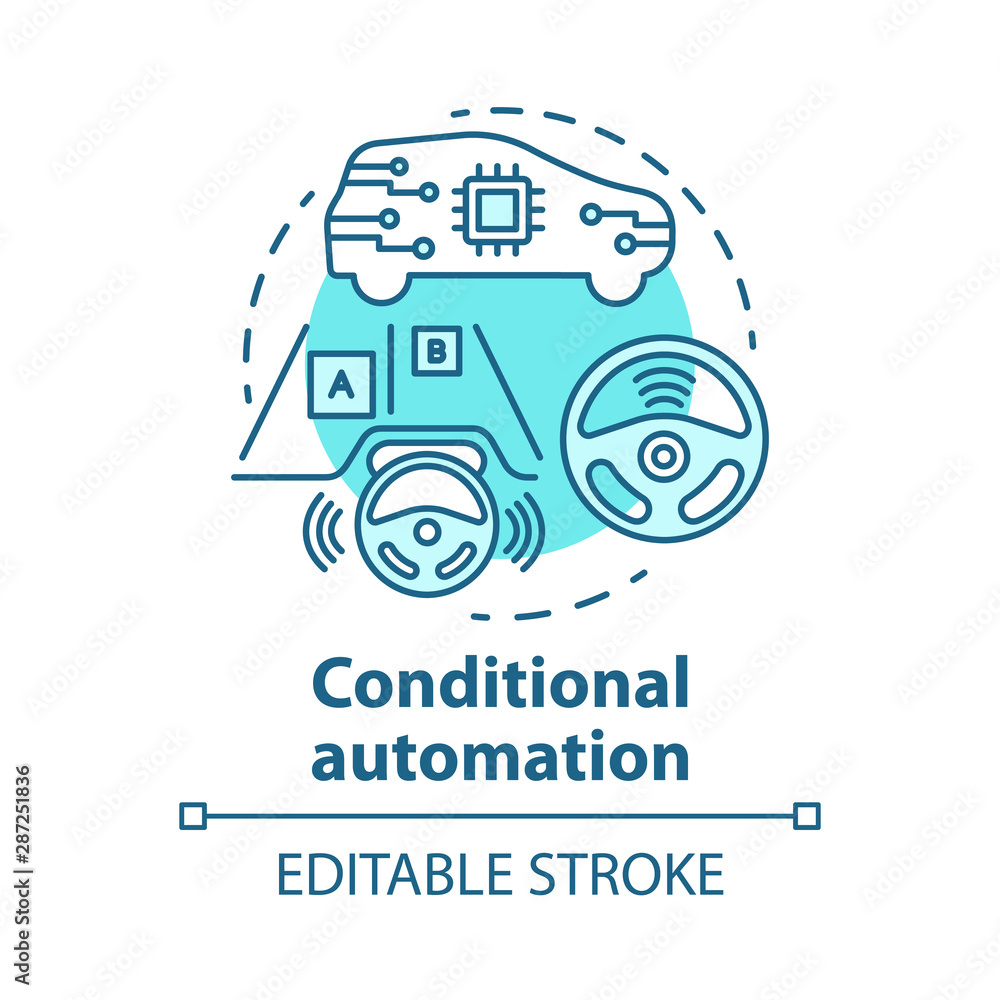 Conditional automation concept icon. Adaptive cruise control. Car with ...