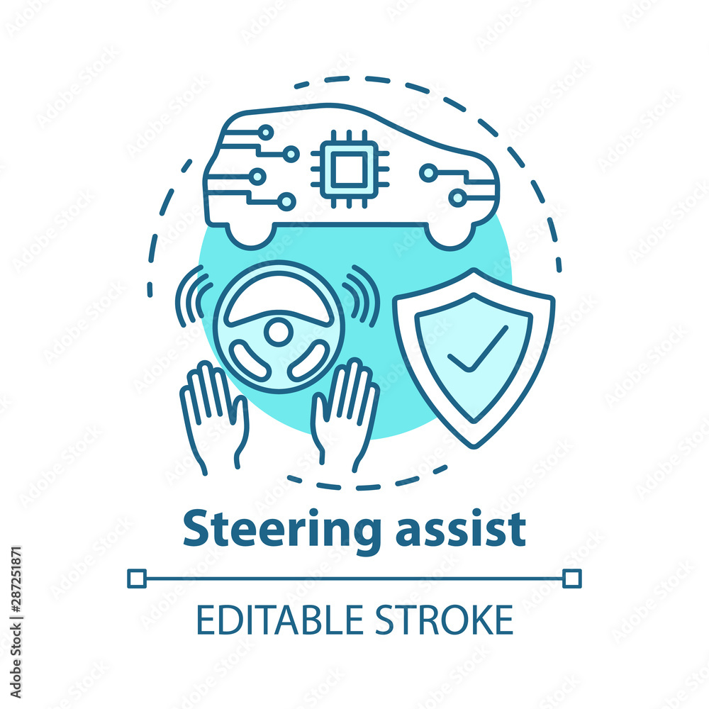 Steering assist concept icon. Smart car. Steering support. Driverless vehicle. Safe driving autopilot idea thin line illustration. Vector isolated outline drawing. Editable stroke Steering assist concept icon. Smart car. Steering support. Driverless vehicle. Safe driving autopilot idea thin line illustration. Vector isolated outline drawing. Editable stroke
