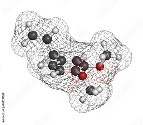 Methyl eugenol molecule. 3D rendering. Atoms are represented as spheres with conventional color coding: hydrogen (white), carbon (grey), oxygen (red). photo