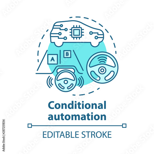 Conditional automation concept icon. Adaptive cruise control. Car with autonomous features. System for safe driving idea thin line illustration. Vector isolated outline drawing. Editable stroke